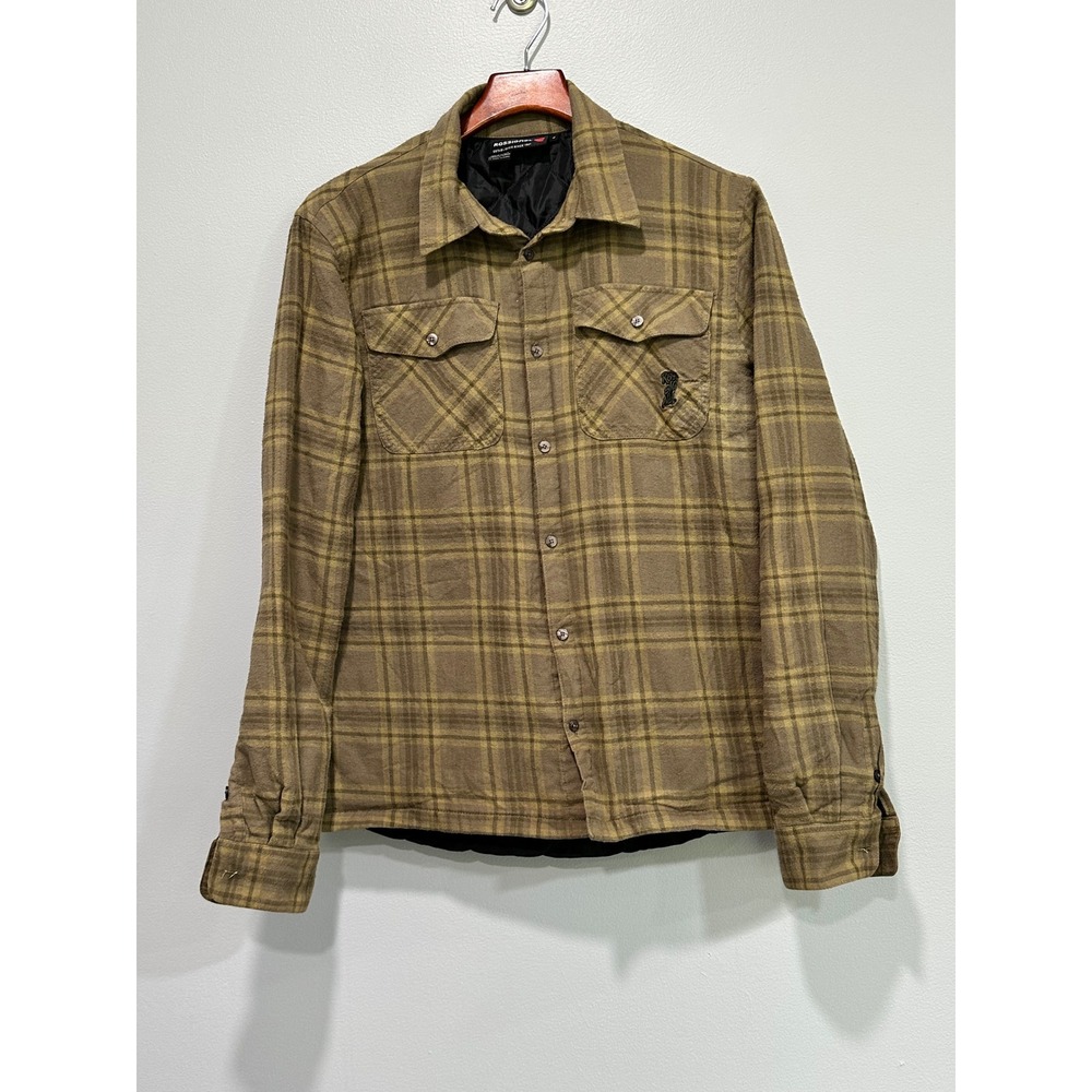 Rossignol Mens Plaid Flannel Shirt Jacket Quilted Lined Brown Olive Green Medium